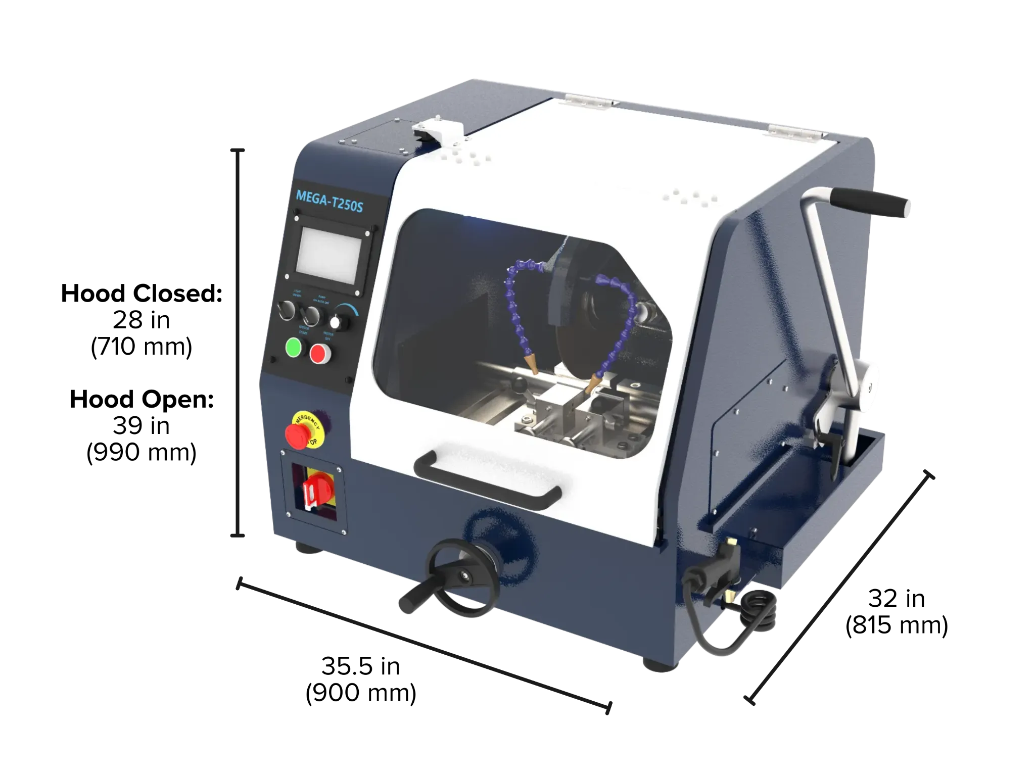 Image of the MEGA-T250S with key dimensions, such as width, depth, and length